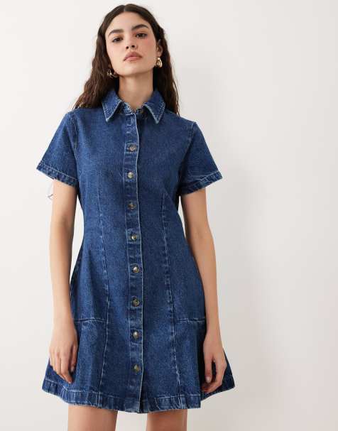 ASOS DESIGN - Vestito camicia con fondo a pieghe in denim lavaggio blu medio - view 1