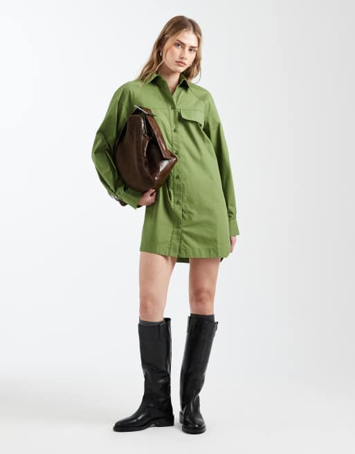 ASOS DESIGN - Vestito camicia corto a maniche lunghe color oliva con tasche sul davanti