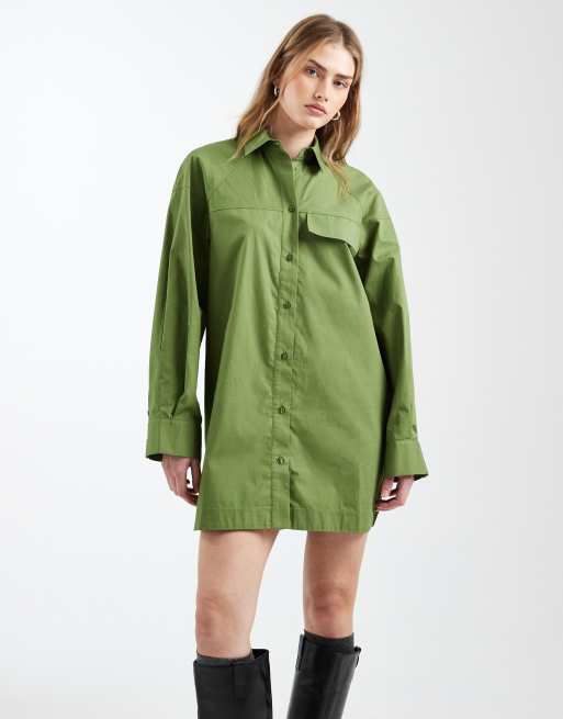 ASOS DESIGN - Vestito camicia corto a maniche lunghe color oliva con tasche sul davanti, 3 di 4