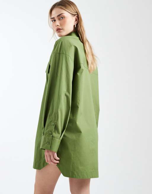 ASOS DESIGN - Vestito camicia corto a maniche lunghe color oliva con tasche sul davanti, 4 di 4
