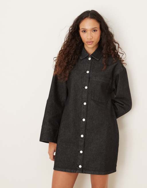 ASOS DESIGN - Vestito camicia corto a maniche lunghe in denim nero, 2 di 4