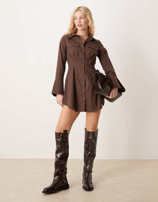 ASOS DESIGN - Vestito camicia corto a maniche lunghe in popeline color cioccolato amaro