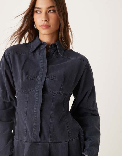 ASOS DESIGN - Vestito camicia corto a maniche lunghe stretto in vita blu navy, 2 di 4