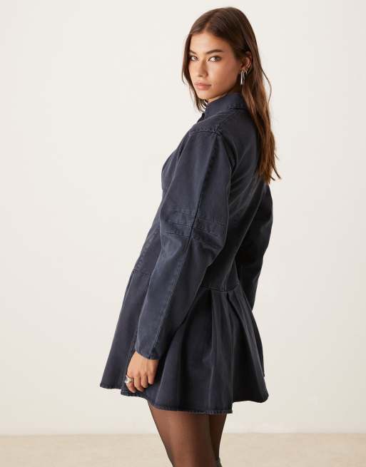 ASOS DESIGN - Vestito camicia corto a maniche lunghe stretto in vita blu navy, 3 di 4