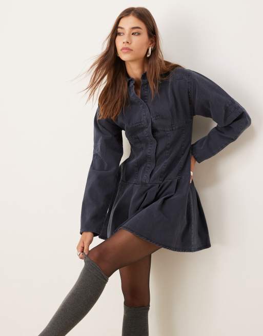ASOS DESIGN - Vestito camicia corto a maniche lunghe stretto in vita blu navy, 4 di 4