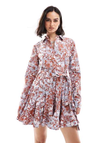ASOS DESIGN - Vestito camicia corto a pieghe con stampa a fiori e gonna godet - view 1