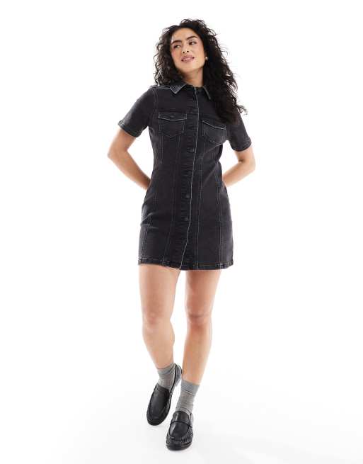 ASOS DESIGN - Vestito camicia corto aderente in denim lavaggio nero, 4 di 4