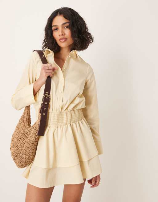 ASOS DESIGN - Vestito camicia corto arricciato color pietra