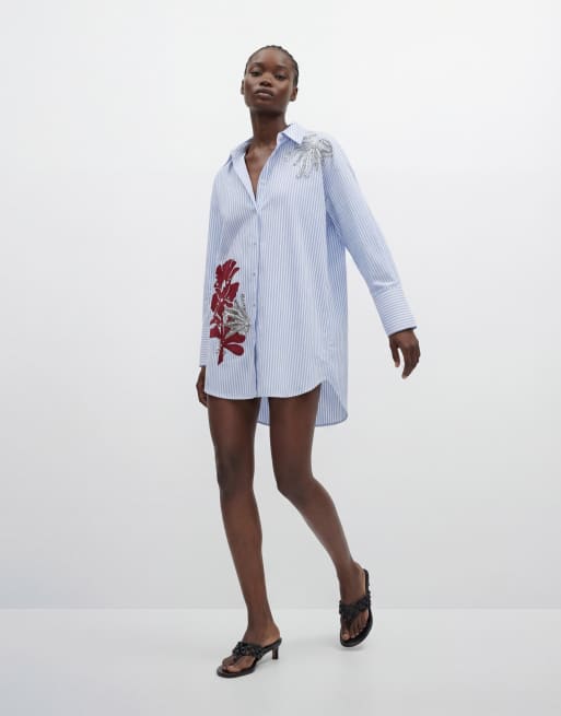 ASOS DESIGN - Vestito camicia corto blu a righe con ricami floreali, 9 di 11