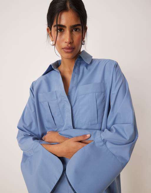 ASOS DESIGN - Vestito camicia corto blu polvere con tasche oversize e polsini ampi, 2 di 4