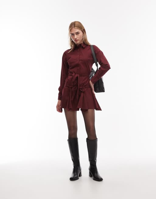 ASOS DESIGN - Vestito camicia corto color bacca allacciato in vita