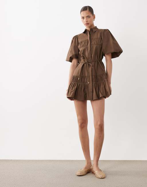 ASOS DESIGN - Vestito camicia corto color cioccolato con maniche a sbuffo e laccetti