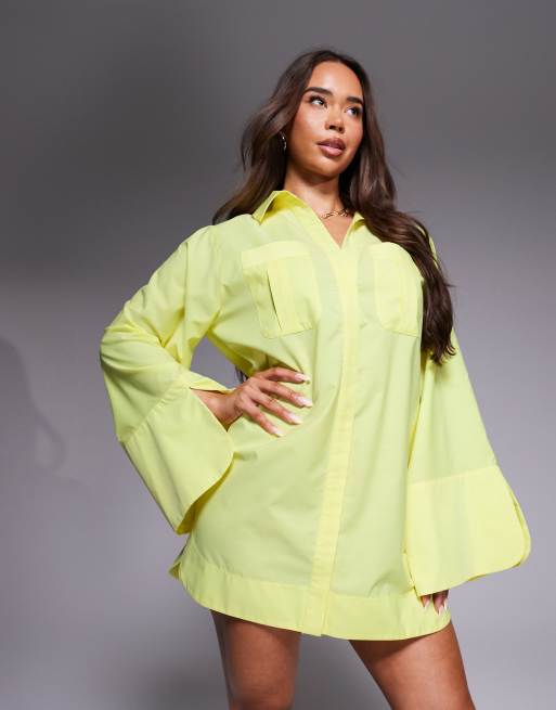 ASOS DESIGN - Vestito camicia corto color limone con polsini ampi e tasche oversize