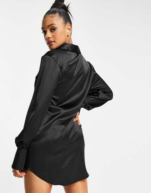 ASOS DESIGN - Vestito camicia corto extra largo in raso nero con scollo profondo, 2 di 4
