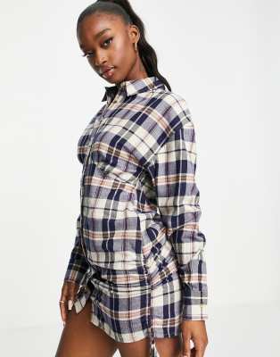 ASOS DESIGN - Vestito camicia corto fasciante arricciato crema a quadri