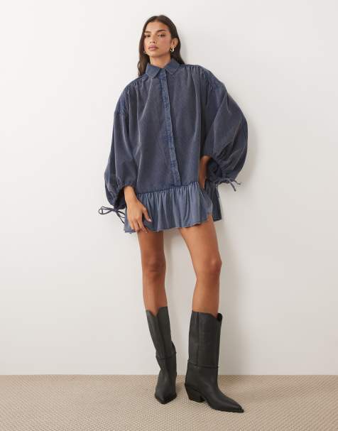 ASOS DESIGN - Vestito camicia corto ibrido in denim blu slavato con maniche a palloncino e orlo in voile - view 1