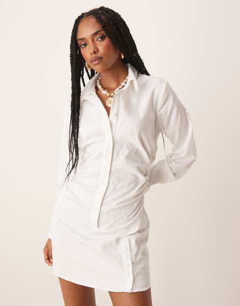 ASOS DESIGN - Vestito camicia corto in cotone bianco arricciato in vita con maniche svasate - view 1