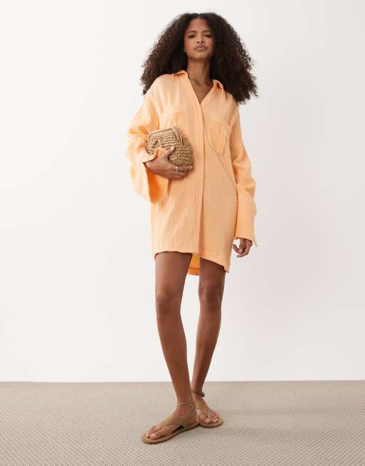 ASOS DESIGN - Vestito camicia corto in tessuto doppio con polsini ampi e tasche oversize arancione spritz, 2 di 4