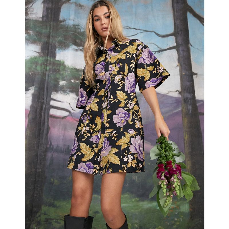 Donna Vestiti casual DESIGN - Vestito camicia corto in twill con stampa a fiori viola