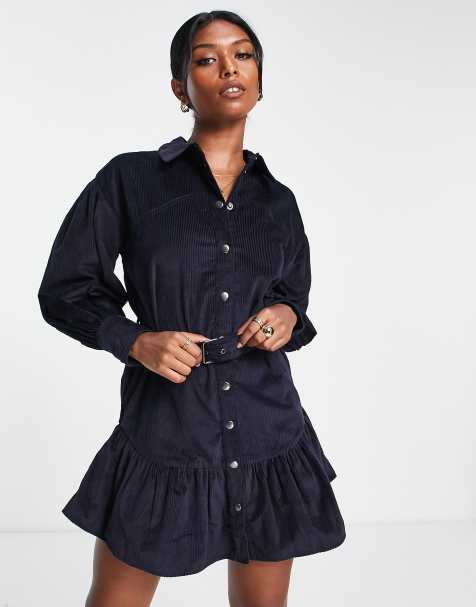 ASOS DESIGN - Vestito camicia corto in velluto a coste blu navy con fibbia - view 1