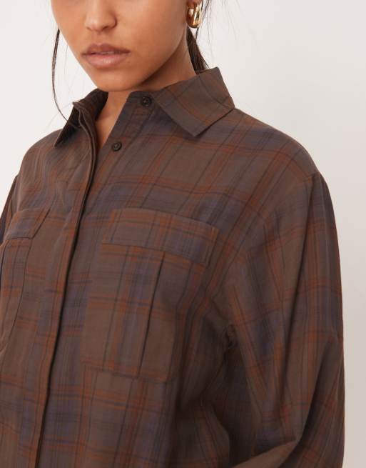 ASOS DESIGN - Vestito camicia corto marrone a quadri con polsini ampi e tasche oversize, 4 di 4