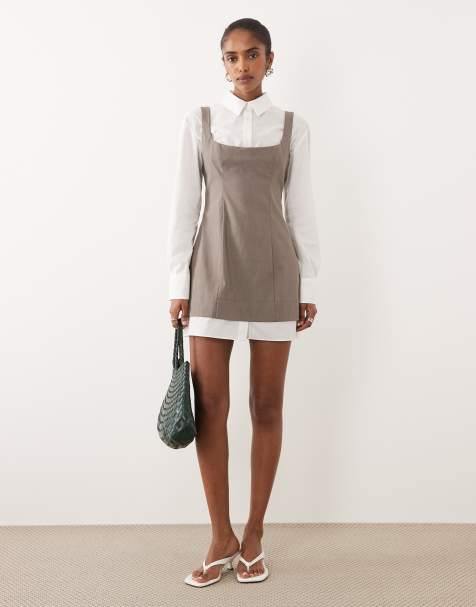 ASOS DESIGN - Vestito camicia corto marrone chiaro con scollo rotondo 2 in 1 - view 1