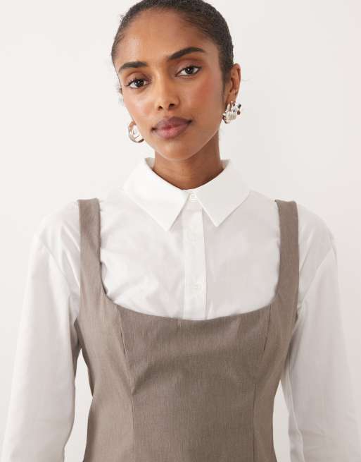 ASOS DESIGN - Vestito camicia corto marrone chiaro con scollo rotondo 2 in 1, 2 di 4