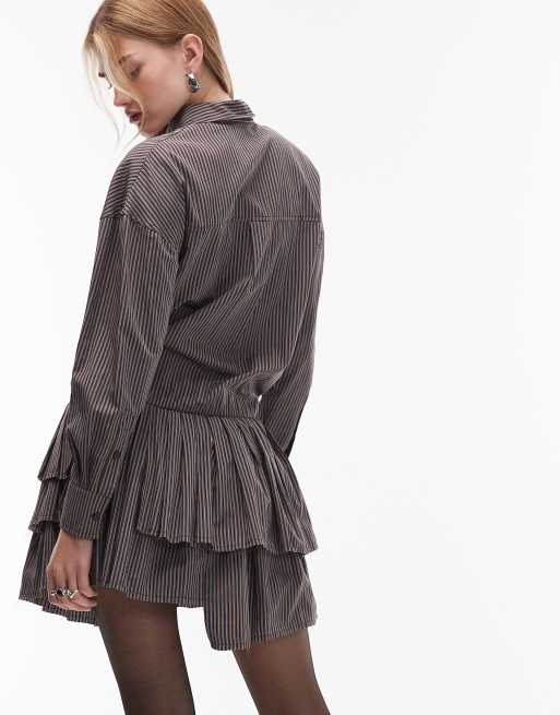 ASOS DESIGN - Vestito camicia corto marrone e blu a righe con vita scesa e gonna a pieghe, 3 di 4