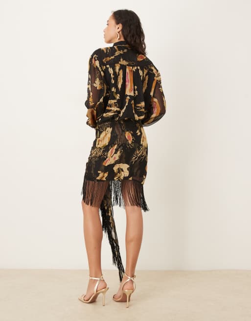 ASOS DESIGN - Vestito camicia corto nero a fiori con frange sulla gonna, 3 di 4