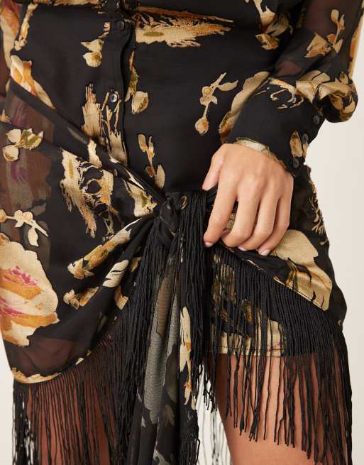 ASOS DESIGN - Vestito camicia corto nero a fiori con frange sulla gonna, 4 di 4
