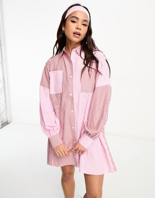 ASOS DESIGN - Vestito camicia corto rosa e rosso con maniche a palloncino