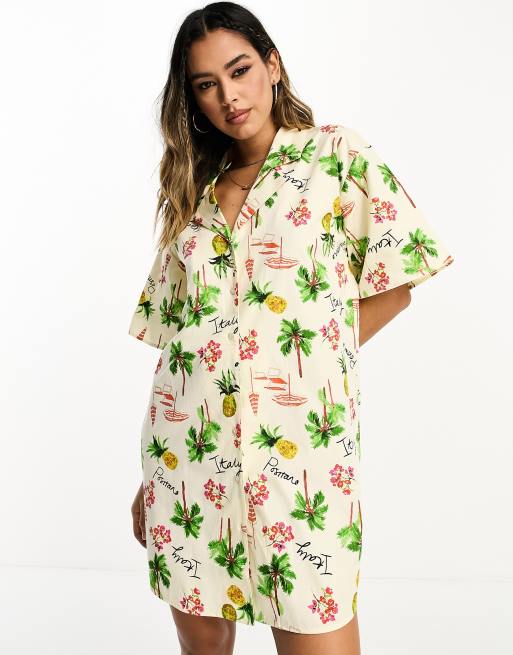 ASOS DESIGN - Vestito camicia corto stile bowling con stampa effetto cartolina in coordinato