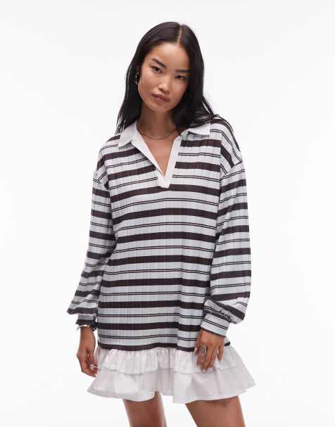 ASOS DESIGN - Vestito camicia corto stile rugby a righe blu con gonna in popeline - view 1