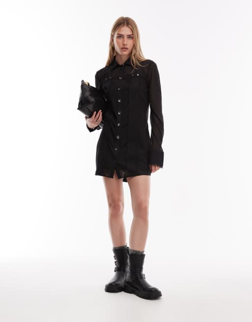 ASOS DESIGN - Vestito camicia corto trasparente nero con dettagli in twill a contrasto