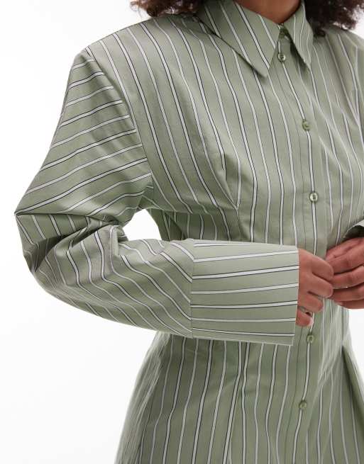 ASOS DESIGN - Vestito camicia corto verde salvia e bianco a righe raccolto con spalline imbottite, 2 di 4