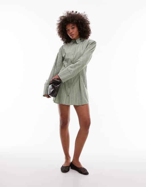 ASOS DESIGN - Vestito camicia corto verde salvia e bianco a righe raccolto con spalline imbottite, 3 di 4