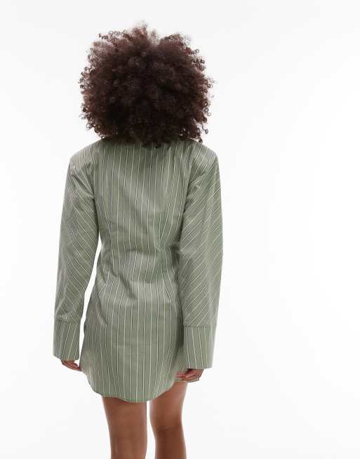 ASOS DESIGN - Vestito camicia corto verde salvia e bianco a righe raccolto con spalline imbottite, 4 di 4