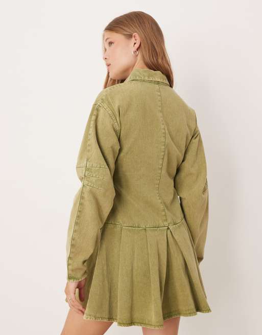 ASOS DESIGN - Vestito camicia corto verde slavato stretto in vita a maniche lunghe, 3 di 4
