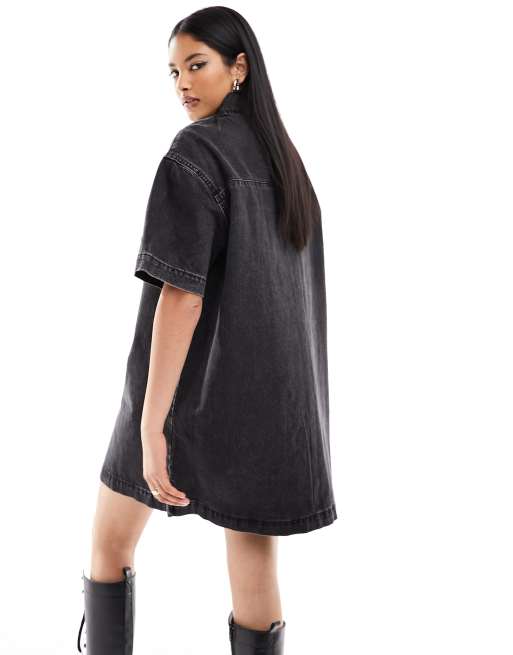 ASOS DESIGN - Vestito camicia di jeans a maniche corte lavaggio nero, 2 di 4