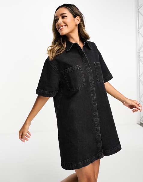 ASOS DESIGN - Vestito camicia di jeans a maniche corte nero slavato - view 1