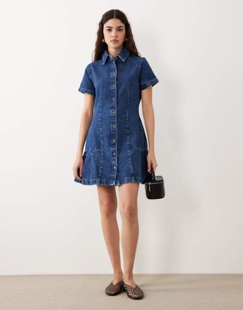 ASOS DESIGN - Vestito camicia in denim blu lavaggio medio con fondo a pieghe - view 1