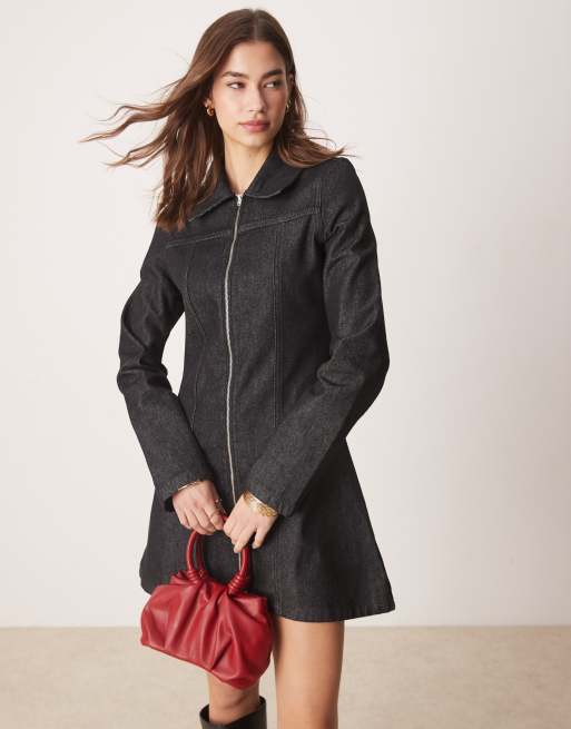 ASOS DESIGN - Vestito camicia in denim nero ed écru con zip sul davanti