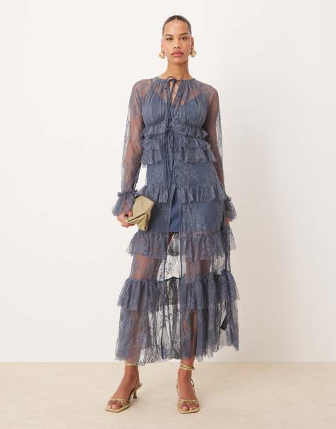 ASOS DESIGN - Vestito camicia in pizzo blu con bottoni sul davanti e volant - view 1