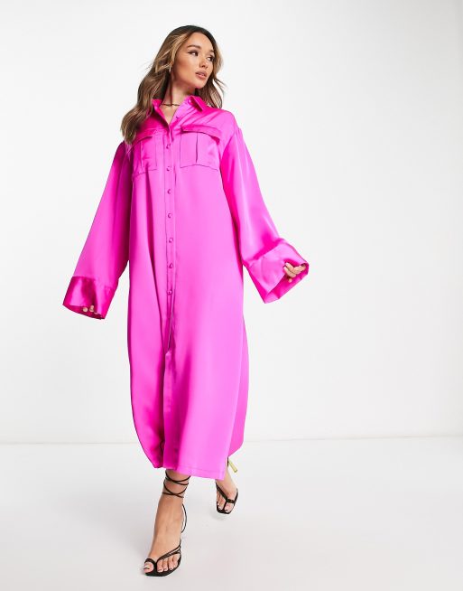ASOS DESIGN - Vestito camicia lungo a trapezio in raso rosa fluo