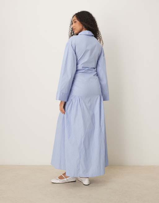 ASOS DESIGN - Vestito camicia lungo blu a righe con corpino arricciato e vita scesa, 3 di 4