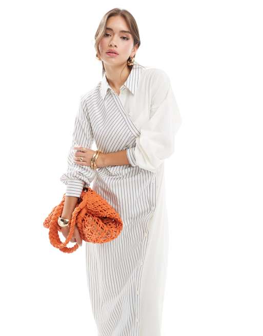 ASOS DESIGN - Vestito camicia lungo color block color crema a righe con arricciatura