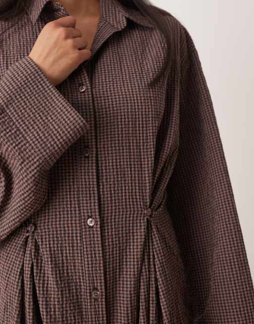 ASOS DESIGN - Vestito camicia lungo color cioccolato e blu navy a quadretti stretto in vita, 3 di 4