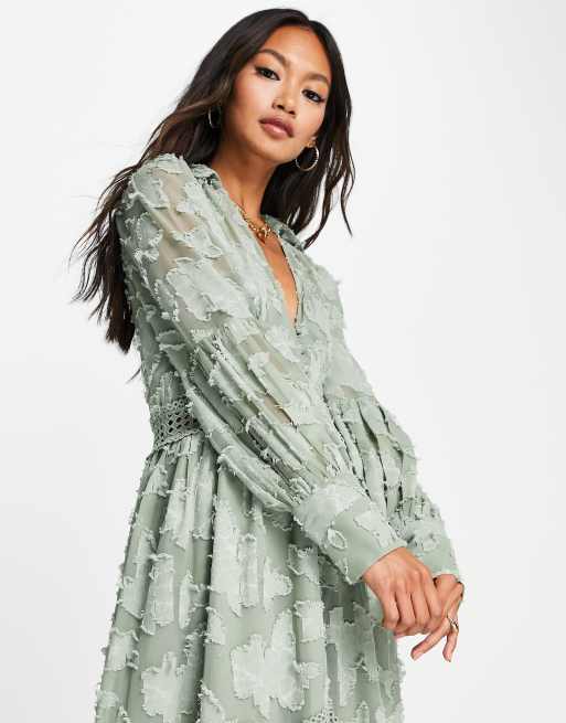 ASOS DESIGN - Vestito camicia lungo con bottoni e inserti in pizzo kaki dévoré, 3 di 4
