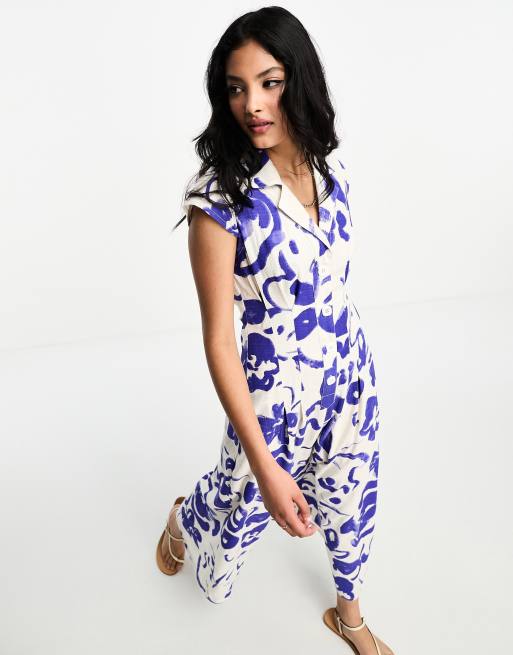 ASOS DESIGN - Vestito camicia lungo in lino blu con stampa floreale astratta, pinces e maniche ad aletta, 2 di 4
