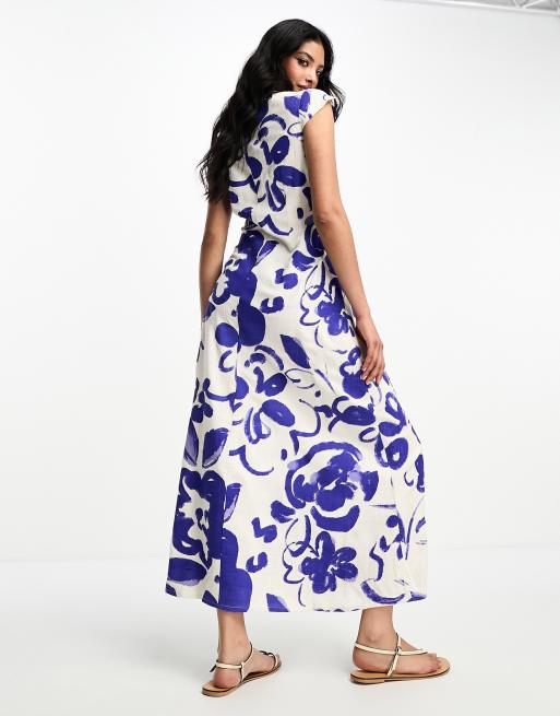 ASOS DESIGN - Vestito camicia lungo in lino blu con stampa floreale astratta, pinces e maniche ad aletta, 4 di 4
